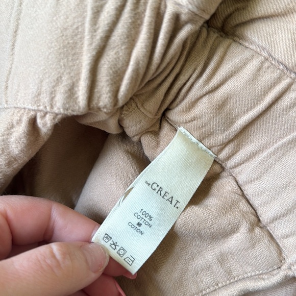 The Great. The Midland Frayed Paperbag Drawstring High Waist Shorts in Sand/Tan - Picture 8 of 12